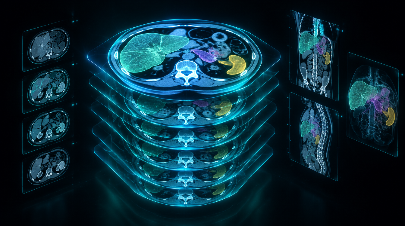 Volumetric CT slice stack with AI segmentation overlays